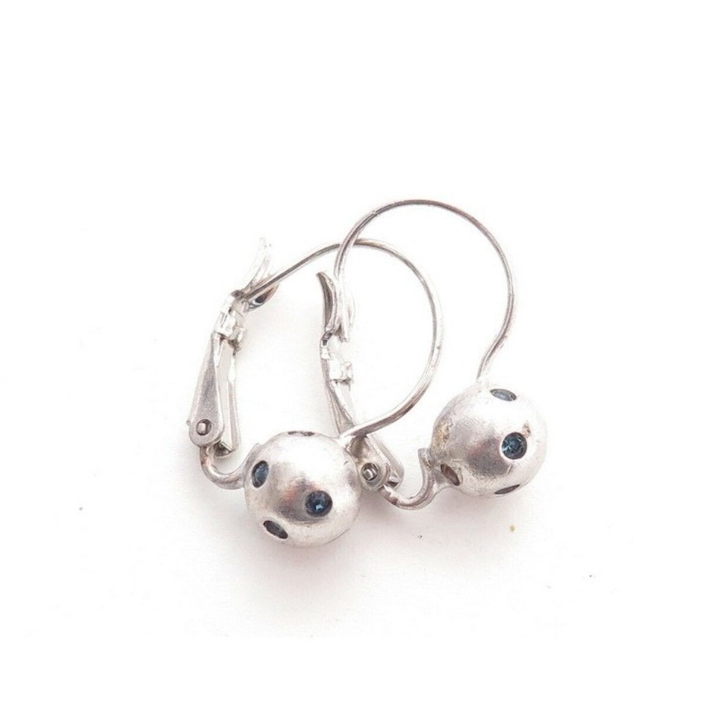 Blue Rhinestone Silver Ball Earrings
